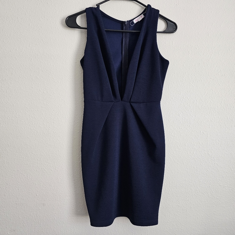 Navy blue body con plunge front mini dress